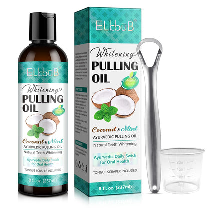 Coconut Pulling Oil - Ayurvedic Mint Oil Pulling Mouthwash with Tongue Scraper | Natural Essential Oils for Fresh Breath Teeth Whitening & Healthy Gums | Alcohol-Free 8 Fl. Oz