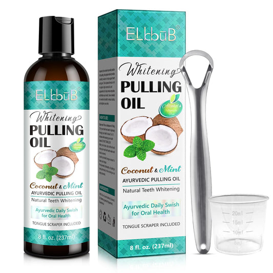 Coconut Pulling Oil - Ayurvedic Mint Oil Pulling Mouthwash with Tongue Scraper | Natural Essential Oils for Fresh Breath Teeth Whitening & Healthy Gums | Alcohol-Free 8 Fl. Oz