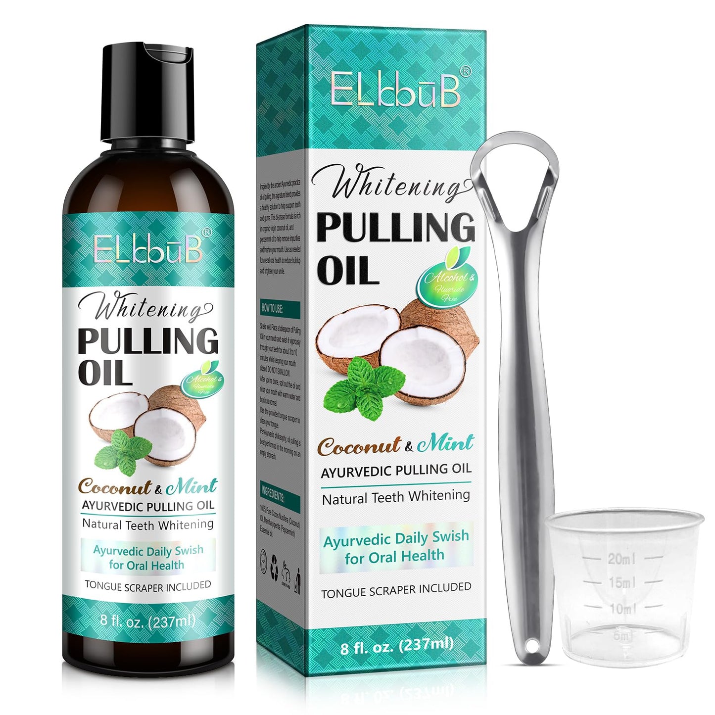Coconut Pulling Oil - Ayurvedic Mint Oil Pulling Mouthwash with Tongue Scraper | Natural Essential Oils for Fresh Breath Teeth Whitening & Healthy Gums | Alcohol-Free 8 Fl. Oz
